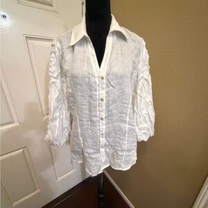 Paperwhite White Linen Button-Down Women's Top with Detailed Puffed Sleeves M/L